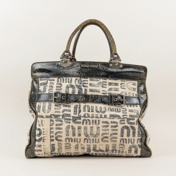 Miu Miu Twiggy White and Black Logo-Print Tote - Picture 1 of 12